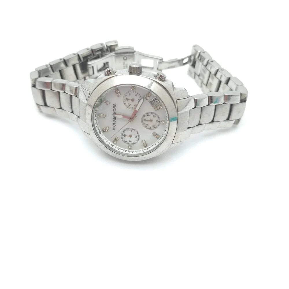 Michael Kors MK-5092 Watch Womens Silver Stainless Mother of Pearl Chronograph